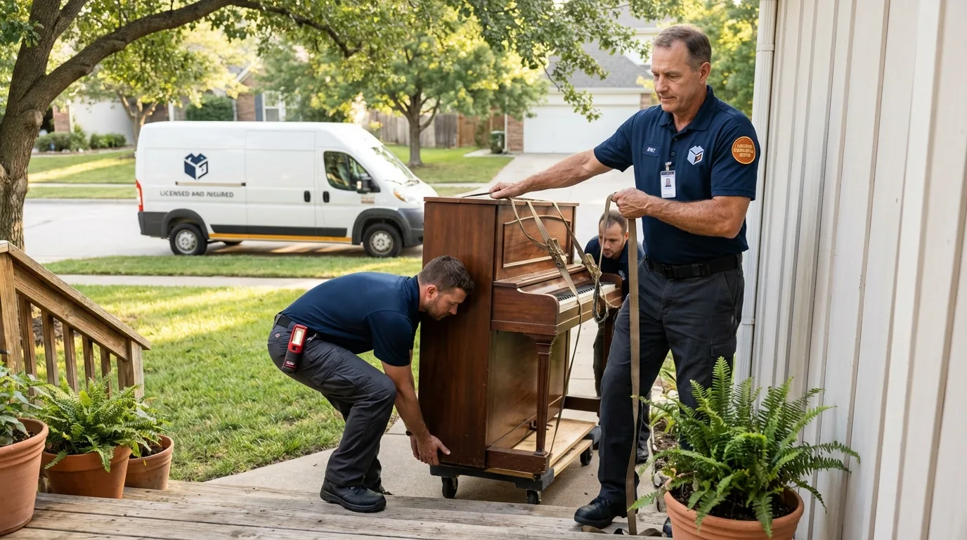 Licensed piano movers securing grand piano in Muse, PA