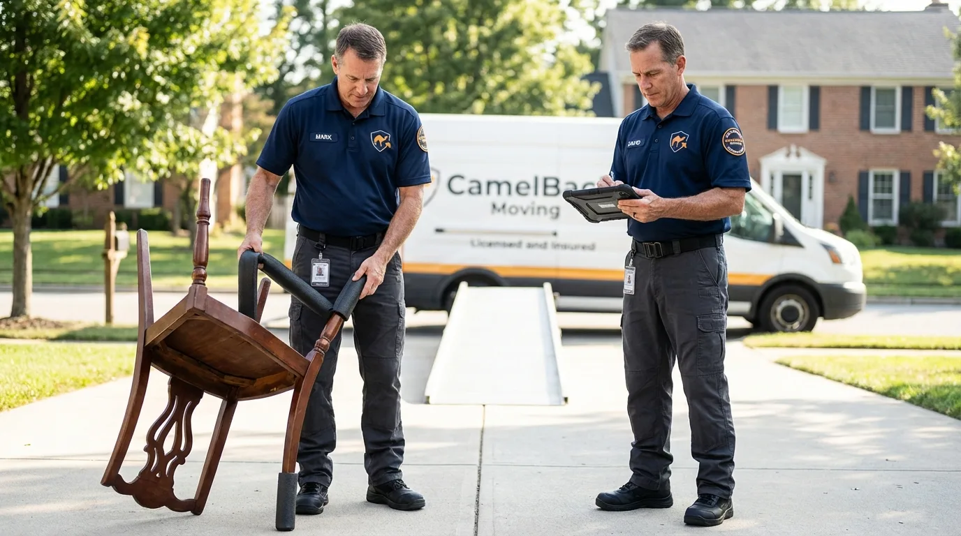 Movers inspecting furniture for damage prevention before loading in Muse, PA